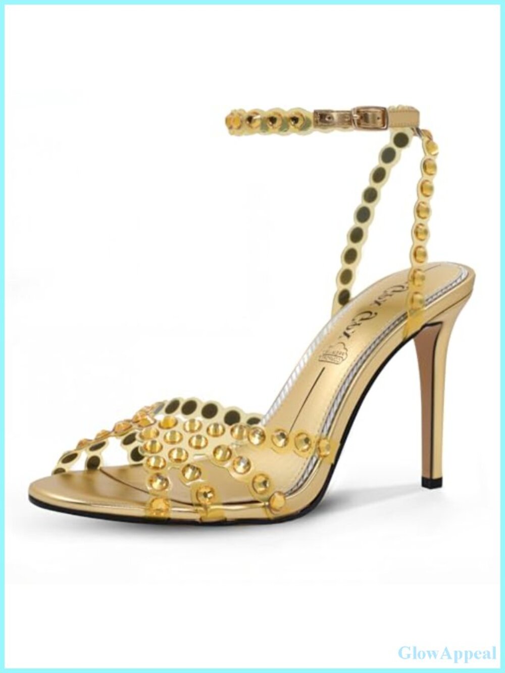 Rhinestone Sandals Women Clear Strappy Buckle Stiletto Heels Round Toe Prom